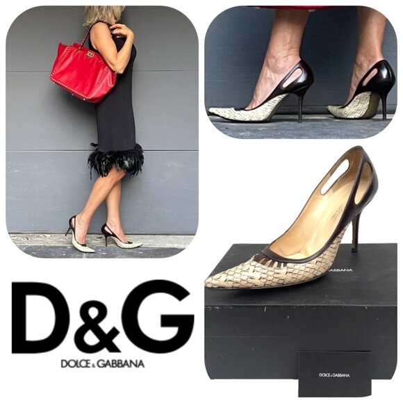 Dolce & Gabbana Vintage Brown Cream Python Leather D'Orsay Pointed Toe Pumps 7,5